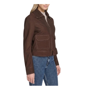 Chaqueta Corta de Motociclista para Mujer, de Lujo, en Piel de Oveja Marrón, Gamuza, Cuero Genuino, Ecológica, Rellena de Algodón y Viscosa, Personalizable OEM - Product Image 3