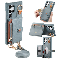 Pour Samsung Galaxy S25 Ultra portefeuille étui en cuir avec fentes pour cartes lanière détachable sangle maquillage miroir fermeture éclair sac à main