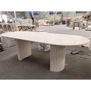 SHIHUI Customized Design Minimalist Natural Stone Dining Room Furniture Oval Myra Beige Limestone Luxury Marble Dining Table Set