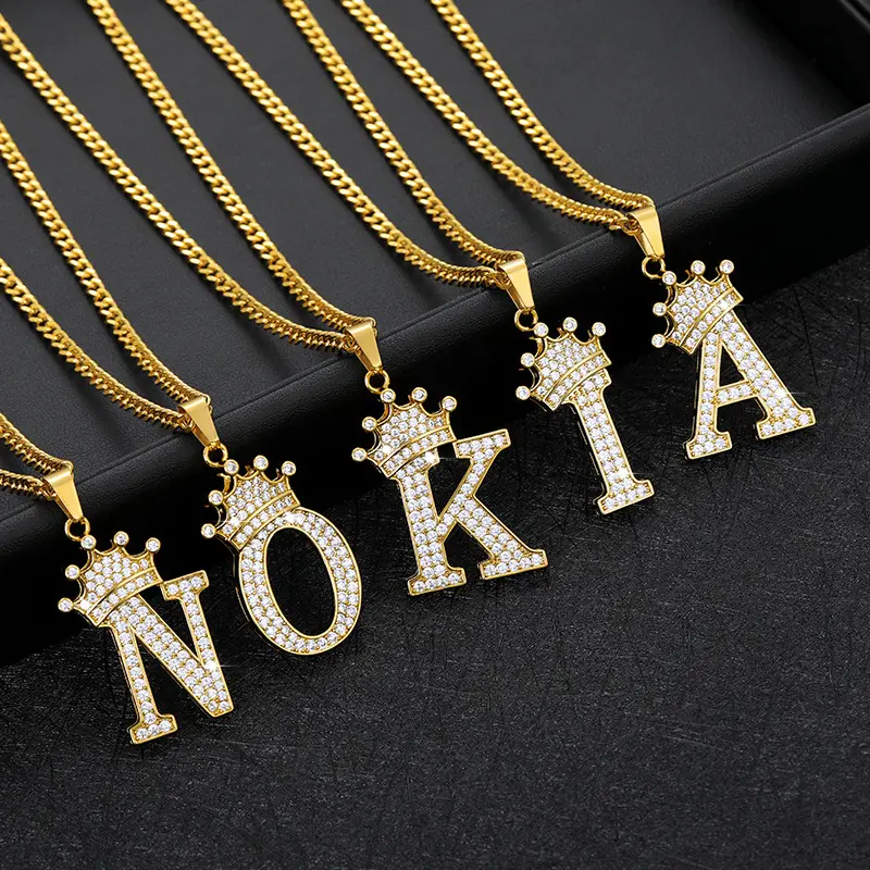 Alphabet Name Jewelry Men CZ Crowned Initial Necklace Iced Out King Crown Women Gold Plated Cubic Zirconia Letter Pendant