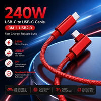 Câble USB 2.0 de 3 m de long, 240 W, transfert de données de haute qualité, USB C vers USB C, câble de charge rapide 240 W, nylon tressé, rouge, OEM ODM