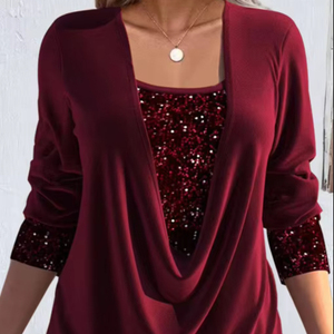 Camisas e Blusas Femininas Plus Size S-<span class=keywords><strong>5XL</strong></span> Personalizadas com Lantejoulas de Primavera, Manga Longa, Gola Halter, Caimento Solto, Design Plissado e Estampa Brilhante - Product Image 1