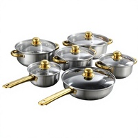 Set Peralatan Masak Stainless Steel 12 Buah Impor, Panci Sup, Panci Susu, Wajan, Gagang Emas, Tutup Kaca, Cocok untuk Semua Jenis Kompor