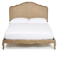 Lit en bois de chêne massif de style français rétro, avec cadre en rotin naturel, extra large, fait main