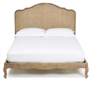Letto <span class=keywords><strong>in</strong></span> <span class=keywords><strong>Legno</strong></span> di Quercia <span class=keywords><strong>Massello</strong></span> Stile Francese Retrò con Rattan Naturale, Extra Large, Fatto a Mano - Product Image 2