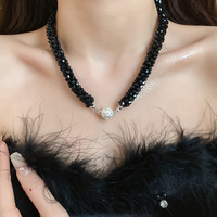 Collier et bracelet torsadés en perles de cristal noir avec fermoir boule en strass pour femme, bijoux fantaisie en perles noires, vente en gros