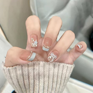 Juego de 10 piezas hecho a mano mariposa usable estilo suave desnudo Rosa degradado puntas de uñas perla francesa decoración de diamantes de imitación uñas postizas - Product Image 1