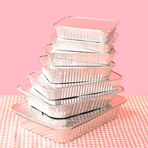 Caja de papel de aluminio para envasado de alimentos, bandeja de mariscos a la parrilla desechable con tapa de plástico para restaurante