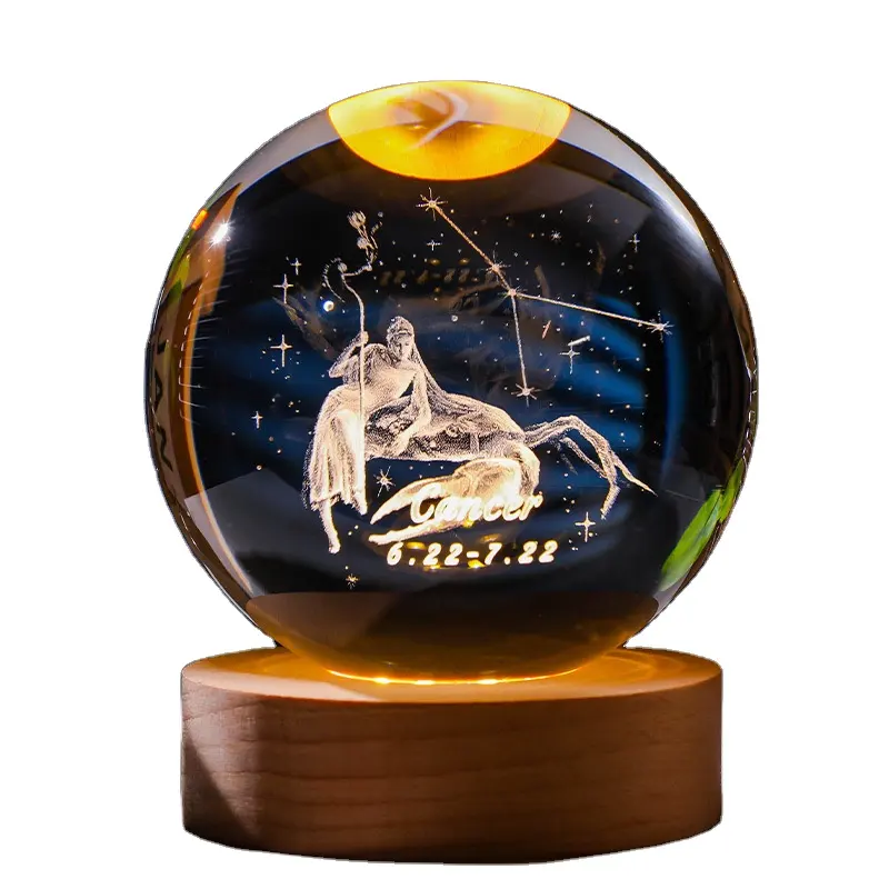 12 Constellations 12 Zodiac Signs 60/80mm Glass Solar System Planet Sphere Galaxy 3D Art Crystal Ball Wood LED Night Light