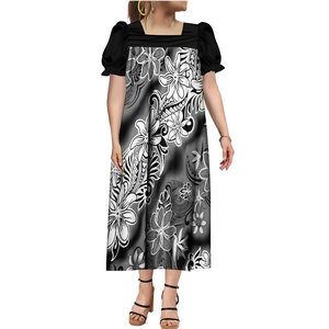 Nouveautés : Robe d'été polynésienne noire à imprimé floral tribal micronésien, style Mumu, col carré, longueur midi, personnalisable - Product Image 5