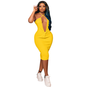 Wholesale Solid Color Customize LOGO Ribbed Deep V Sleeveless Backless slip Midi <strong>Dress</strong> Summer Trending Bodycon <strong>Dress</strong> - Product Image 6