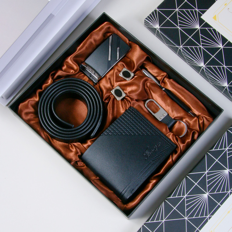 Ensemble 7 pièces noir-portefeuille boucle automatique-ceinture-porte-clés-stylo-manchette