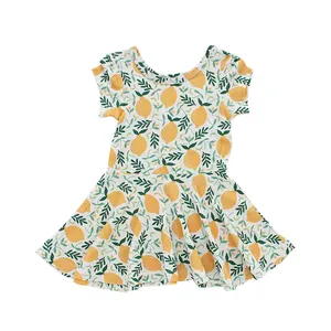 New Seamless round Neck Summer Dress for Girls Short Sleeve Line Pattern Print Woolen Fabric Twirl Dress for Kids