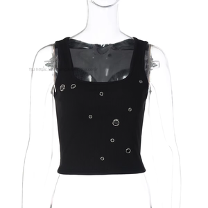Women's Square Neck Sleeveless Crop Top - <b>Metal</b> Ring Embellished Ribbed Slim Fit Top Vest Fashion - Product Image 4