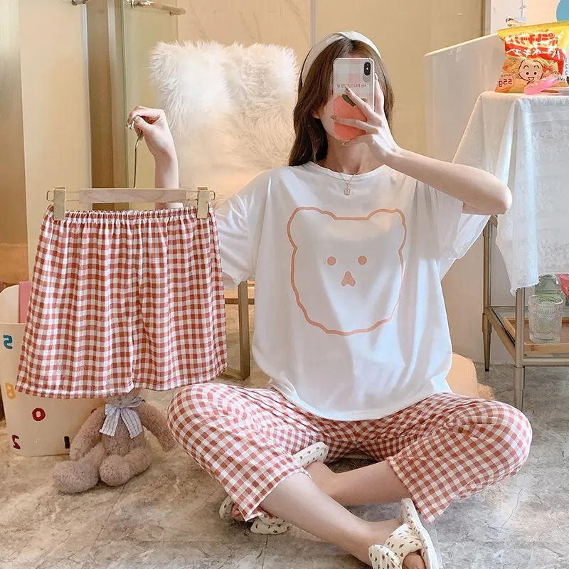 Trending 3 pieces set pajamas milk silk fabric women pyjama summer wear sleep korean clothing women's soft cartoon sleepwear