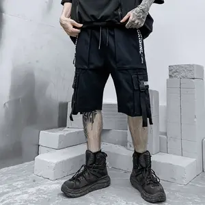 2024 celana pendek pria Hip Hop Gym lari celana pendek Bermuda pakaian jalanan pita hitam celana pendek pria celana pendek kasual Punk multi-saku