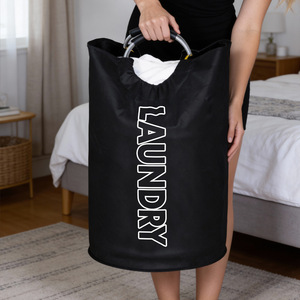 Laundry <b>Basket</b> Foldable Aluminum Handle <b>Large</b> Capacity Round Black Clothing Organizer Waterproof <b>Storage</b> <b>Basket</b> For Home Use - Product Image 2