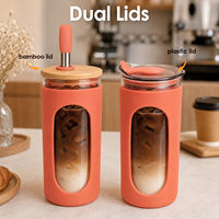 Bouteille d'eau en verre de 20 oz avec manchon en silicone, double couvercles (bambou et plastique), pailles réutilisables en acier inoxydable, gobelet à smoothie