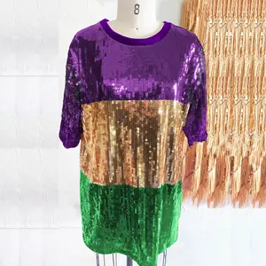 New Orleans Women's Round Neck Purple Gold Green Casual Sequined T-shirt Dress Mardi Gras Sequin Dresses For Women