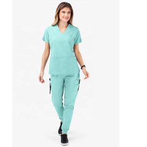 사용자 정의 로고 속건 스판덱스 짠 저지 레이온 반팔 외과 가운 세트 고탄력 병원 유니폼 스크럽 디자인 - Product Image 2