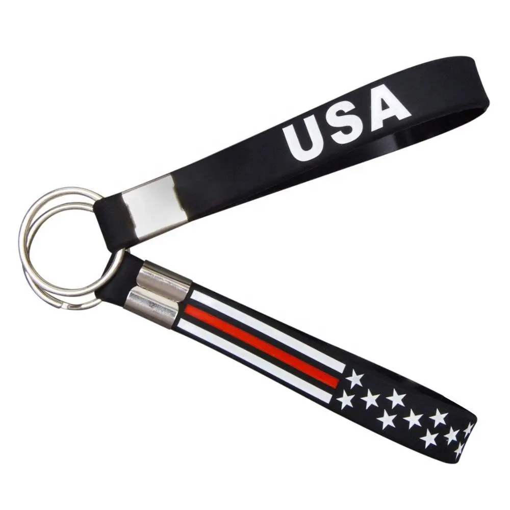 Inspirational Fino Vermelho Azul Linha EUA Bandeira Keychain para Bombeiro Bombeiro-Poder da Fé Silicone Rubber Key Rings para Chaves