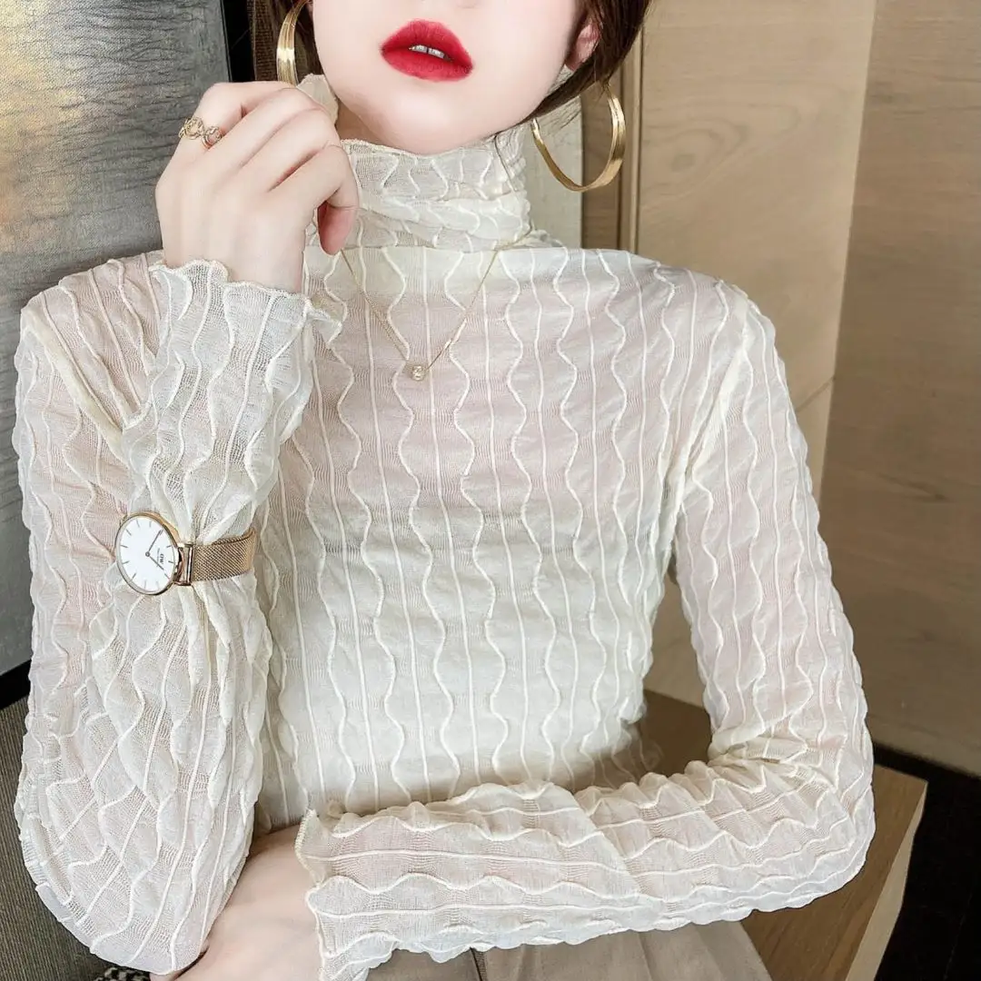 2021 New Fashion Women Lady Lace Mesh High Collar Bottoming Base Shirt Spring Slim Long Sleeve Thin Tops T-shirt Blouse