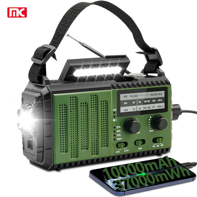 Portable Rechargeable NOAA Emergency Radio 10000mah Hand Crank Solar Flashlight Speaker Weather Alerts AM/FM Radio ABS Plastic