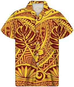 قميص رجالي ذهبي فاخر, قميص رجالي من نسيج بولينيزي القبلية ، قميص هاواي بأكمام قصيرة ، ملابس صيفية للرجال ، قميص علوي استوائي