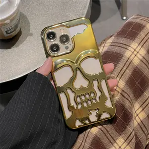 Lüks kaplama 3D metal Hollow out gotik kafatası sert telefon iPhone için kılıf 11 13 12 14 Pro Max artı kişilik oyma kapak