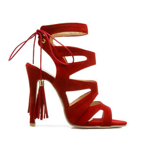 WETKISS Vente en gros à bas prix 4 pouces Sandales rouges à lanières avec bout ouvert Sandales d'été pour femmes Sandales de gladiateur Stiletto avec franges - Product Image 1