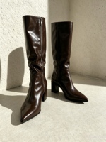 Bottes hautes à talon carré et bout carré, marron chocolat, avec fermeture éclair latérale, pour femme, automne-hiver, chaussures de ville, OEM ODM