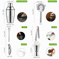 Ensemble de shaker à cocktails en acier inoxydable avec support en bois de bambou, 3 pièces, outils de bar Cobbler, doseur, passoire, couteau, kit de barman
