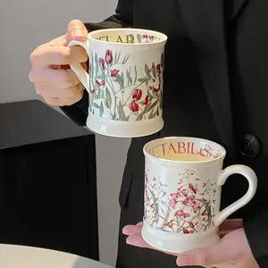 Lukisan tangan kreatif bunga antik cangkir keramik cangkir kopi keramik dengan pegangan untuk sarapan cangkir minuman susu porselen