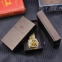 Forsining Montre Homme Mécanique Automatique Transparente avec Aiguilles Lumineuses et Bracelet en Cuir Doré – Marque de Luxe