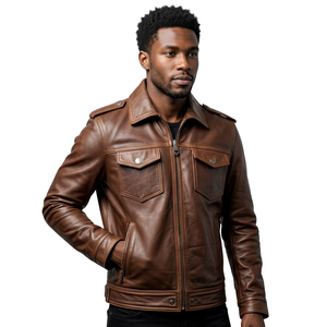 Blouson de motard rétro décontracté pour homme en cuir PU marron, imperméable, avec épaulettes, bretelles et col rabattable, multi-poches - Product Image 6