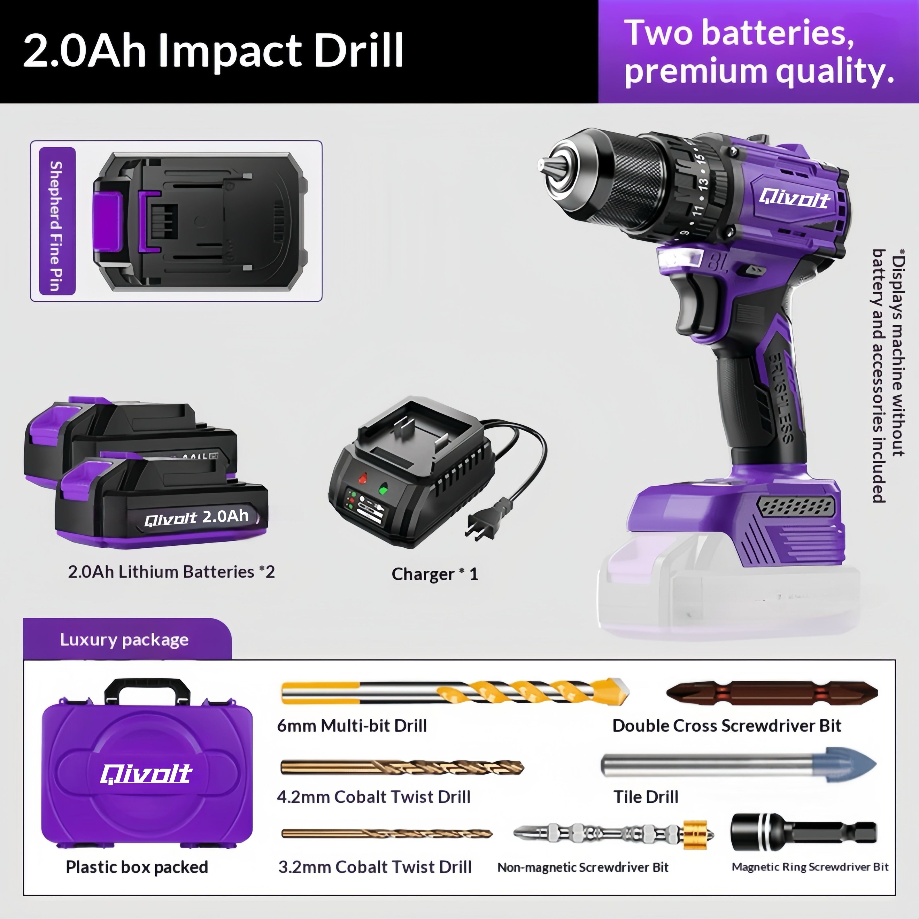 (Purple)Smart Drill with 2pcs 2Ah battery & charger