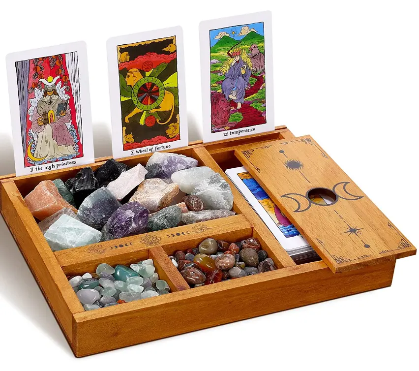 Porta cartão de tarô de madeira, decorativo, suporte de cristal, bandeja, caixa de pedras