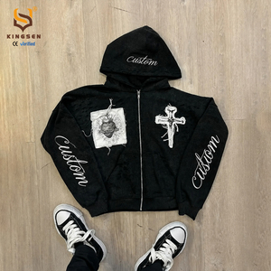 เสื้อฮู้ดดี้วินเทจแบบย้อมสีเอซิด 500 GSM ทรงโอเวอร์ไซส์ แต่งลายปักแบบดิสเทรส ผ้าฟลีซเฟรนช์เทอร์รี่ ซิปหน้า สำหรับผู้ชาย - Product Image 1