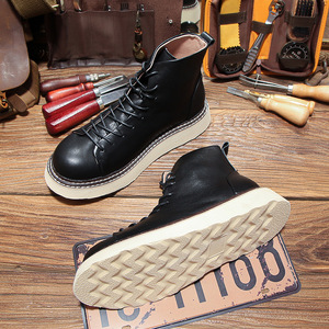 Chaussures pour hommes, bottes d'hiver vintage américaines pour hommes, à semelle épaisse, antidérapantes, résistantes à l'usure, en cuir véritable, bottes de travail décontractées à tige haute - Product Image 4