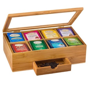 Wooden <b>Tea</b> Storage <b>Box</b> With Lid And Drawer For <b>Tea</b> Bags Desktop Organizer Rectangle Solid Color Covered Standing Type - Product Image 1