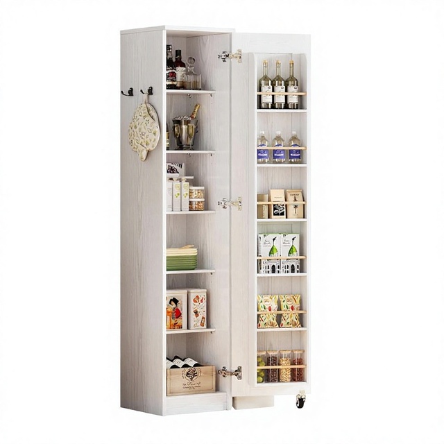 ZJH Narrow Kitchen Pantry Storage Cabinet 72" Slim Single Door 6 Adjustable Shelves Door Rack Wheels Space-Saving Cabinet