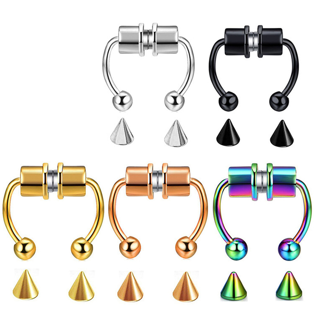 Newest Non Piercing Horseshoe Septum Fakes Nose Ring Stainless Steel Magnetic Double Hoop Clip on Nose Ring for Unisex
