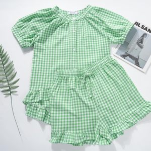 Womens Gingham <b>Pajamas</b> <b>Set</b> 2 Piece Cotton Short Sleeve Ruffle Shirt Shorts Summer Lounge Outfit Casual Sleepwear - Product Image 5