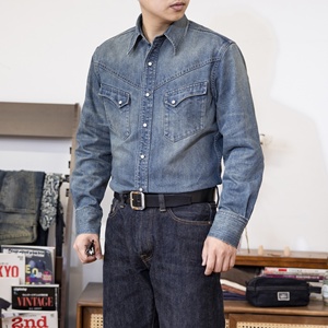 Men's <strong>100</strong>% <strong>Cotton</strong> American Retro <strong>Western</strong> Design Denim Shirt Long Sleeved Satin Casual Double RL Lapel Wash for Spring Autumn - Product Image 2