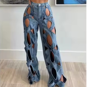 Nouveau design, jean droit taille haute de haute qualité, sexy, style urbain décontracté, 100% coton, délavé à l'acide, broderie ajourée, lavable - Product Image 2