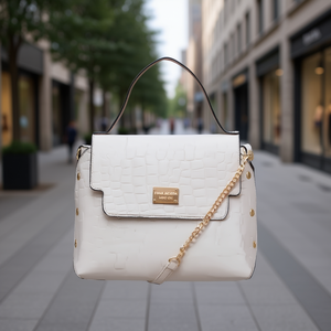 Bolso de Compras para Mujer Fana Jacoba, Color Blanco, con Patrón de Cocodrilo, Tamaño Mediano, Asa Superior, Cierre de Broche, Microfibra Vegana, Cuero Sintético - Product Image 2