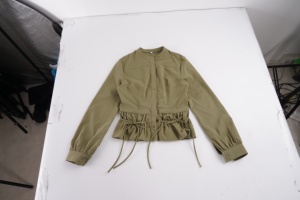 American Vintage Distressed Stand <b>Collar</b> Drawstring Waist Cinching Utility <b>Shirt</b> Elegant Flattering Button Puff Sleeve Top Women - Product Image 6