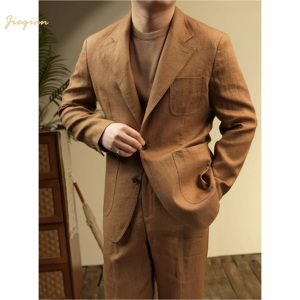 Costume 2 pièces respirant en lin <span class=keywords><strong>et</strong></span> lyocell pour <span class=keywords><strong>homme</strong></span> – Coupe décontractée, idéal pour l'été, les occasions formelles, les vacances <span class=keywords><strong>et</strong></span> le bureau - Product Image 1