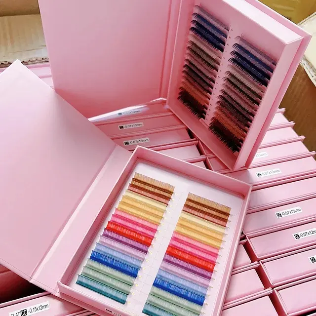 Benutzer definierte Großhandel Glitter Wimpern mit Fall Schönheit individuelle Regenbogen bunte Nerz Wimpern Bulk Farbe Wimpern verlängerung Tabletts