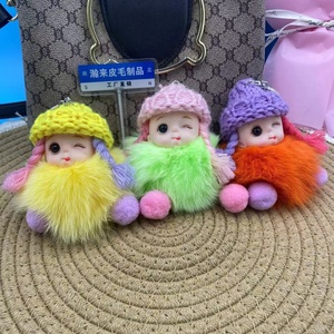 Porte-clés poupée de sommeil mignonne à grands yeux, style dessin animé, avec nœud papillon en ruban de soie, <span class=keywords><strong>peluche</strong></span> bébé, pompon, breloque moelleuse - Product Image 2